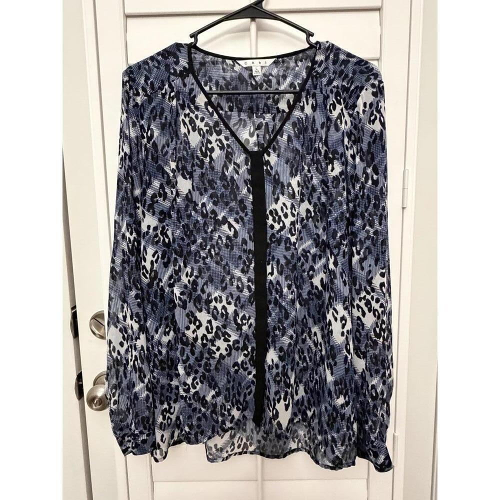 CAbi Fatale blue and black‎ leopard print sheer blouse